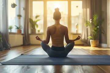 Woman Practicing Yoga In A Sunny Living Room