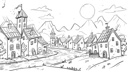 Obraz premium Village: Simple Black Line Sketch