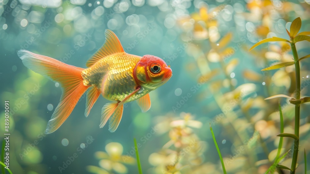 Poster close-up of goldfish interacting with floating aquatic plants in a well-maintained pond ecosystem.
