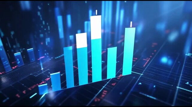 Business bar chart with digital technology elements blue and white. Hi-tech style grid and hud element. Camera movement with depth of field. High-quality animation of 4K..