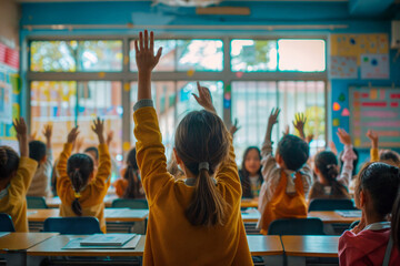 Elementary school students raising hands in colorful classroom, engaged in active learning and participation, diverse group of children in yellow uniforms showing enthusiasm