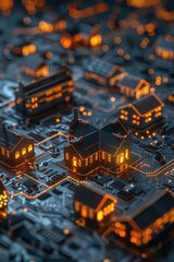 Obraz premium Futuristic Miniature Cityscape with Glowing Houses on a Circuit Board Representing Smart Technology and Modern Living