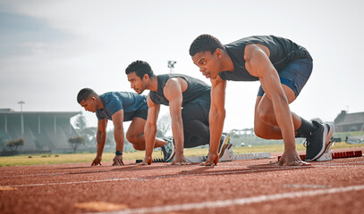 Race, start and group of men on track at arena for speed challenge, marathon event and professional sports. Ready, set and people at stadium for competition, fitness and athlete in distance running