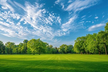 Green Pastures Garden: A Serene City Park Landscape with Lush Grass and Blue Sky