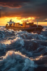 Obraz premium A large ship is sailing through rough waters. The sky is orange and the water is choppy