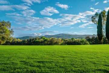 Fototapeta premium Green Pastures Garden: Beautiful Park with Lush Grass, Trees, and Sky