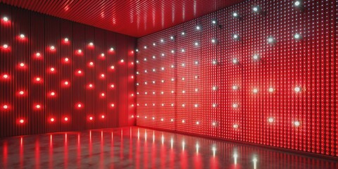 Vibrant glowing red LED wall with bright light bulbs and delicate fiber-like patterns, creating a mesmerizing abstract background with a futuristic ambiance.