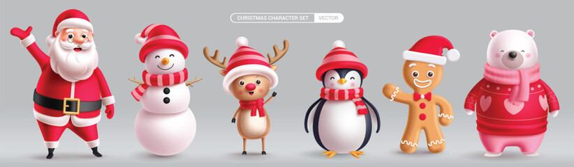 Christmas characters vector set design. Christmas character santa claus, snow man, reindeer, penguin, ginger bread and bear collection in isolated background. Vector illustration holiday season 