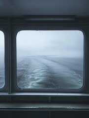 Obraz premium Ferry window view of vast ocean with gray cloudy sky. Small boat on calm sea water. Perfect for travel agency and tours.