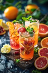 Refreshing Citrus and Berry Summer Drinks with Ice and Fresh Mint Garnish on a Wooden Board
