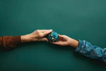 Senior hands pass earth to child on green background.