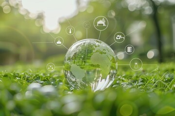 Glass globe on grass with eco-friendly icons, representing sustainability.
