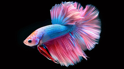 Fototapeta premium A beautiful blue and pink betta fish with a long tail. The fish is swimming in a black background