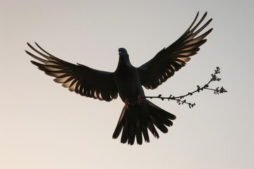 Fototapeta premium Pigeon silhouette holding branch in peace sign flying at sunset.