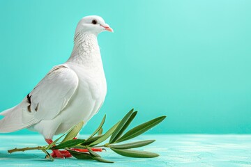 White dove with olive branch on pastel background for peace.
