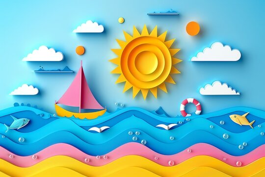 Bright and cheerful paper cut illustration of a sun sailboat and waves in a playful summer theme