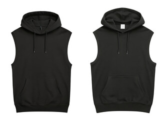 Front and back views of a black sleeveless hoodie with a drawstring hood, perfect for showcasing designs, branding, or promoting streetwear.