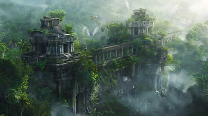 Obraz premium Ancient Temple Ruins in Misty Jungle 