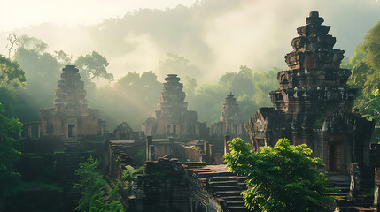 Ancient Temple Ruins in Misty Jungle
