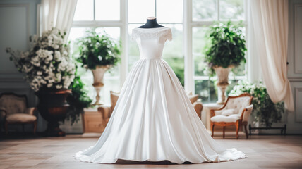 Fototapeta premium Wedding drees, bridal gown style and bespoke fashion, full-legth white tailored ball gown in showroom, tailor fitting, beauty and wedding inspiration