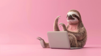 Fototapeta premium sloth sits with a laptop on solid pink background, creating a relaxed and whimsical work environment. Suitable for business, technology, and humor themes. Business, technology, humor