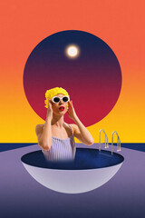 Stylish woman with yellow swim cap and white sunglasses standing inside abstract bowl-shaped pool...