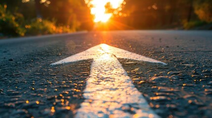 White arrow on an asphalt road at sunset, guiding the way