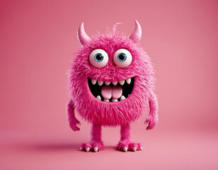 A fluffy pink monster with big blue eyes and a wide open smile, perfect for children's books, toy designs, or playful branding.