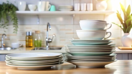 A stack of clean washed dishes in the kitchen, clean, washed, dishes, stack, kitchen, indoor, white, plates, bowls