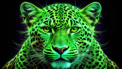 Neon green leopard face with fierce expression and vibrant pattern, wild, animal, predator, feline, striking, colorful, neon
