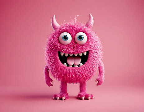 A fluffy pink monster with big blue eyes and a wide open smile, perfect for children's books, toy designs, or playful branding.
