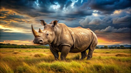 Obraz premium Majestic and powerful rhinoceros in its natural habitat, rhino, wildlife, safari, horn, endangered, mammal, animal