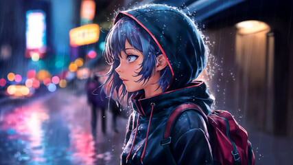A girl with blue hair is wearing a black hooded jacket and a red backpack, standing in the rain in the city