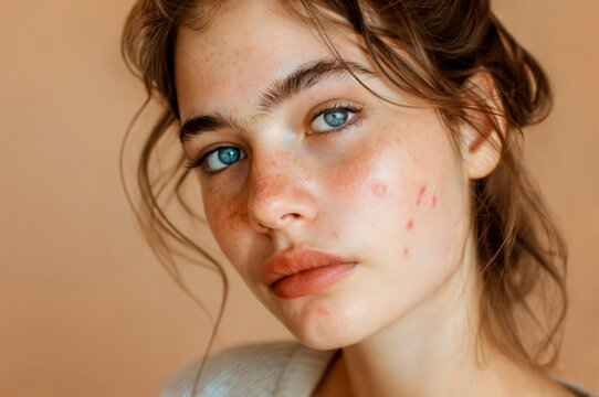 Portrait of young girl with problem skin. Teenage girl with acne, pimples, scars problem on beige background. Selective focus