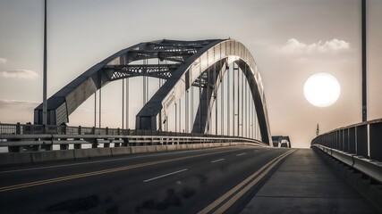Obraz premium A large, metal arch bridge with two lanes of road with sun is setting in the background