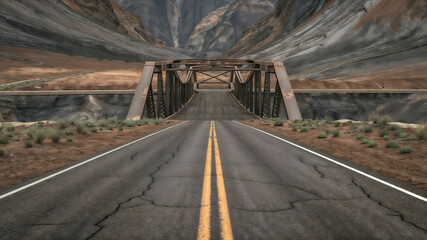 Naklejka premium A cracked asphalt road with double yellow lines leading to a bridge in a desert landscape with rocky cliffs