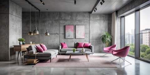 Futuristic living room with gray and pink tones, concrete walls and floor, two chairs, table, paintings