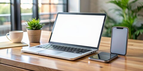 Fototapeta premium Modern XL smartphone next to a laptop on a desk, technology, communication, mobile device, large screen