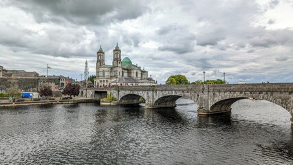Beautiful old cityscape scenery, Church of Saints Peter & Paul  by Shannon river at Athlone, town in Westmeath, Ireland, landmark and architecture background