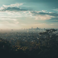 Naklejka premium A panoramic view of a city from a distance, with a few tall buildings standing out against the horizonand clouds visible