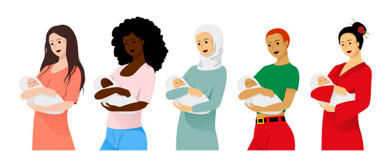 Set of mothers holding babies with different ethnicity