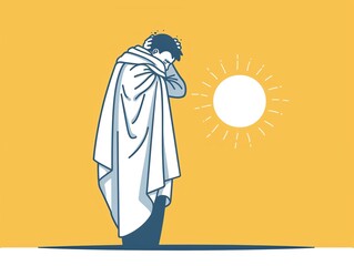 of a cloaked individual standing under the sun with a yellow background, conveying a blend of solitude and contemplation.