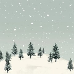 Obraz premium A peaceful snowy landscape with minimalist pine trees and soft, falling snowflakes 