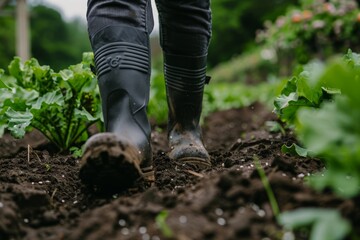 Close-up view of person walking through soil in black boots, emphasizing agricultural work.