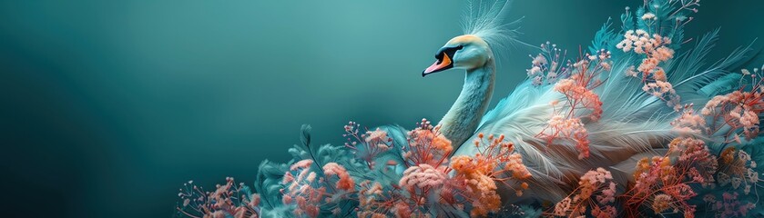 Elegant swan gliding through vibrant underwater flowers in an enchanting, dreamy scene with deep blue background.