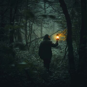 A person holds a lantern in a dark, dense fores light in hands