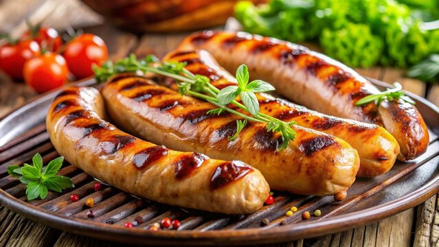 A close-up photo of a deliciously grilled knackwurst sausage, grilled, food, meat, German, barbecue, sausage, traditional