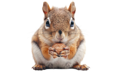Fototapeta premium Squirrel holds nut, looks at camera on white background
