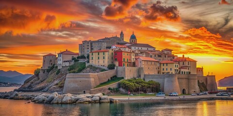 Vibrant orange hues dance across the French Mediterranean sky as the sun dips below the Genoese citadel's ancient stone walls in Calvi, Corsica.