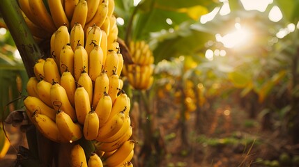 Naklejka premium A bunch of ripe yellow bananas hanging on a banana tree in a sunlit plantation.